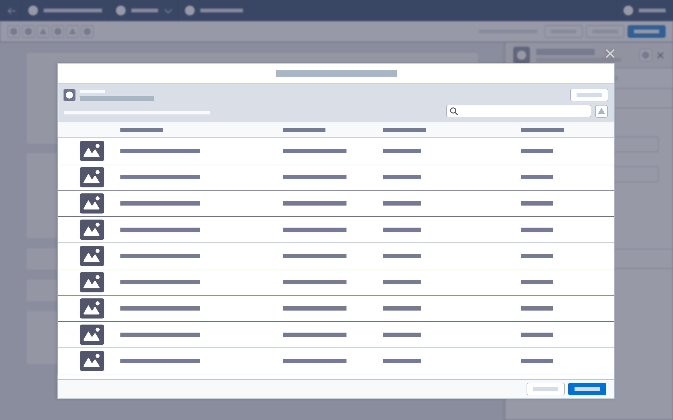 Wireframe showing content selection in a modal.