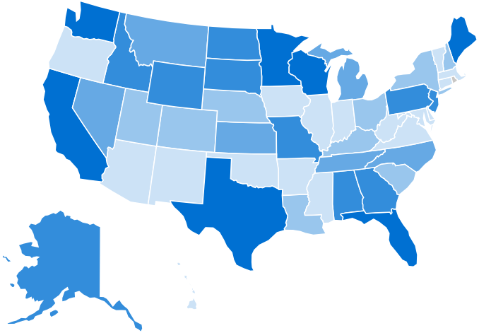 A geo map using color and size to represent data variations